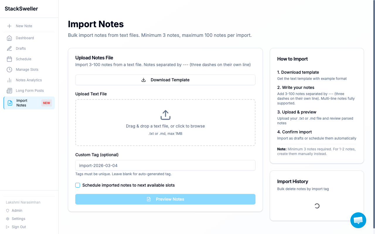 Import Notes page with file upload and how-to instructions