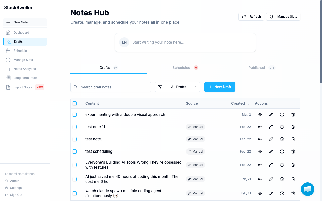 Notes Hub showing Drafts, Scheduled, and Published tabs