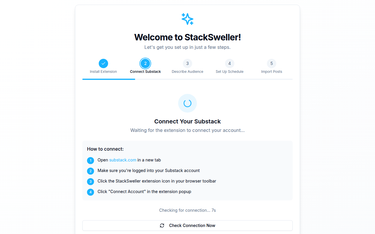 Onboarding step 2: Connect Your Substack, waiting for the extension, with the four connection steps listed