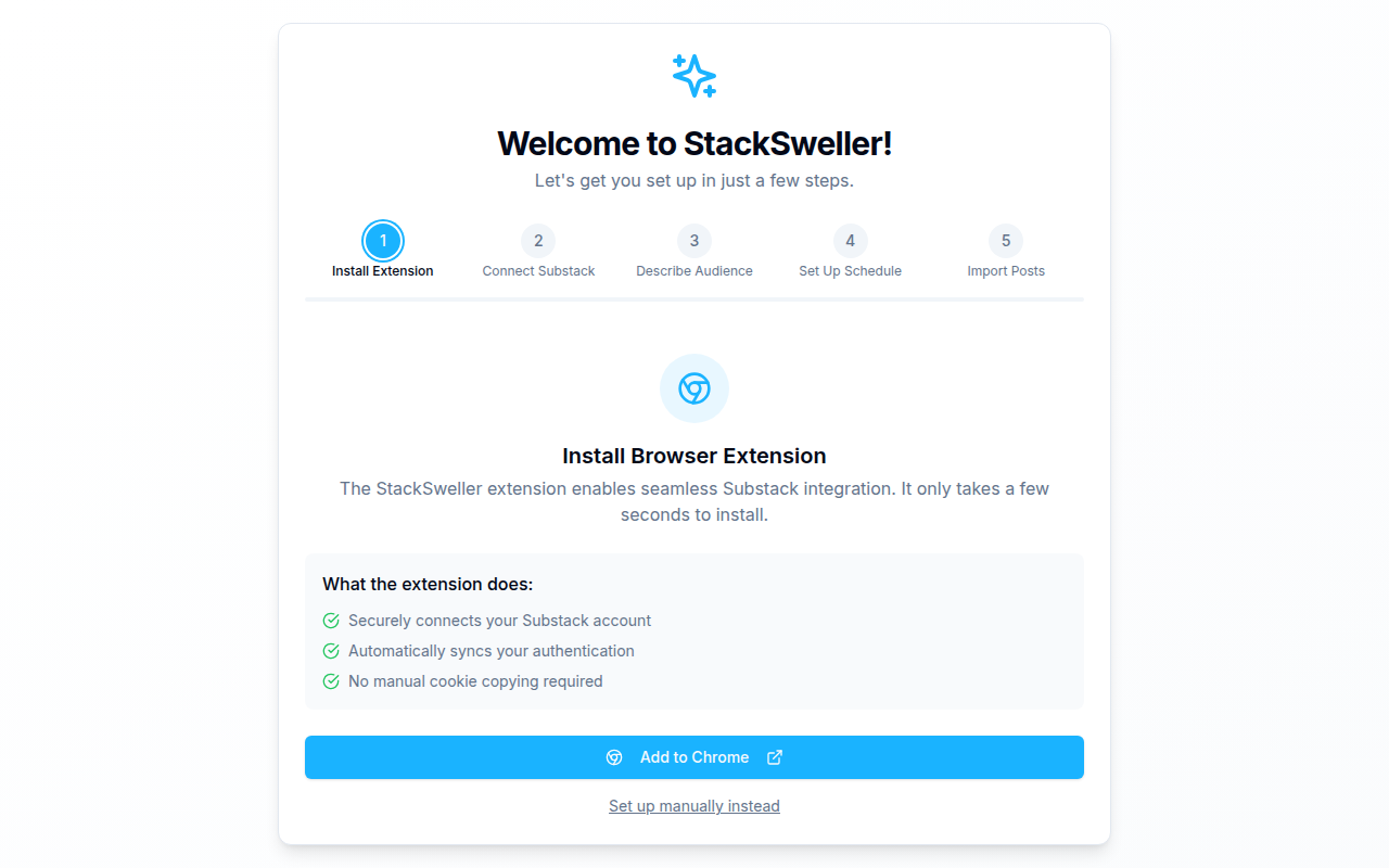 Onboarding step 1: Install Browser Extension, with an Add to Chrome button and a Set up manually instead link