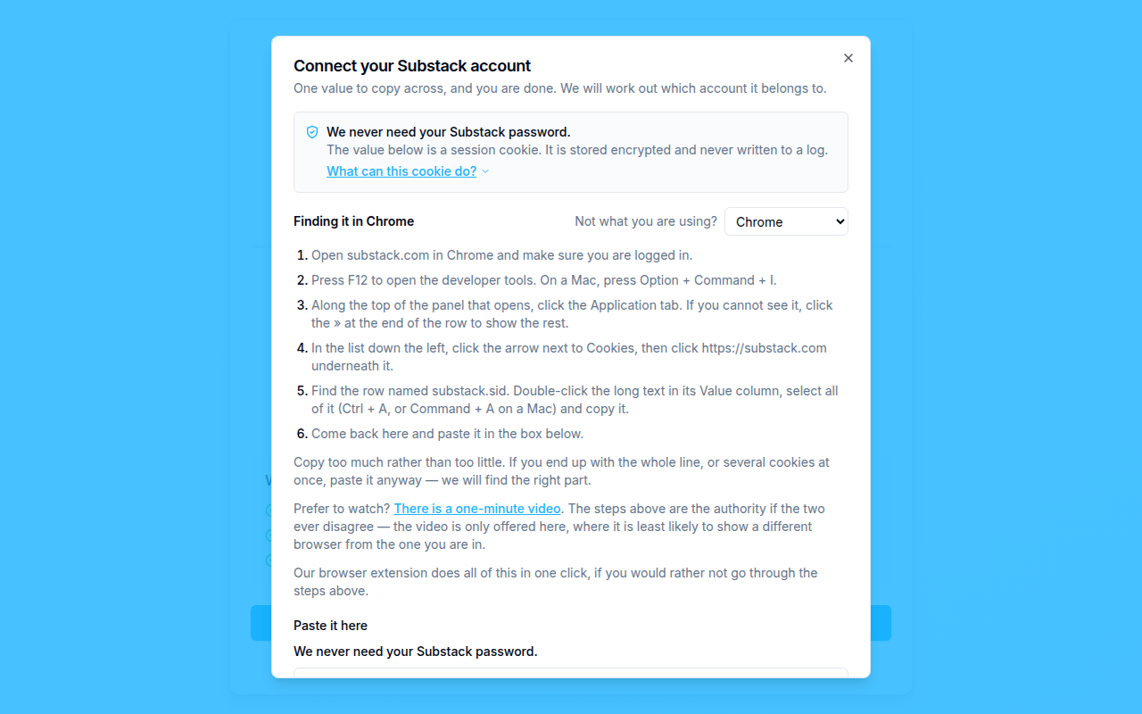 The Connect your Substack account dialog with step-by-step instructions for finding the substack.sid cookie in Chrome