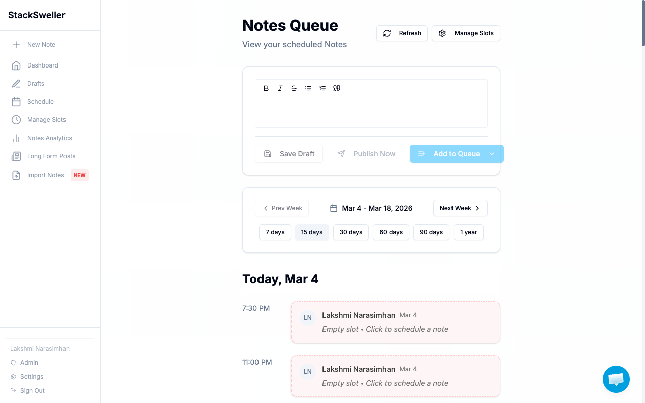 Notes Queue page showing inline editor and weekly slot timeline
