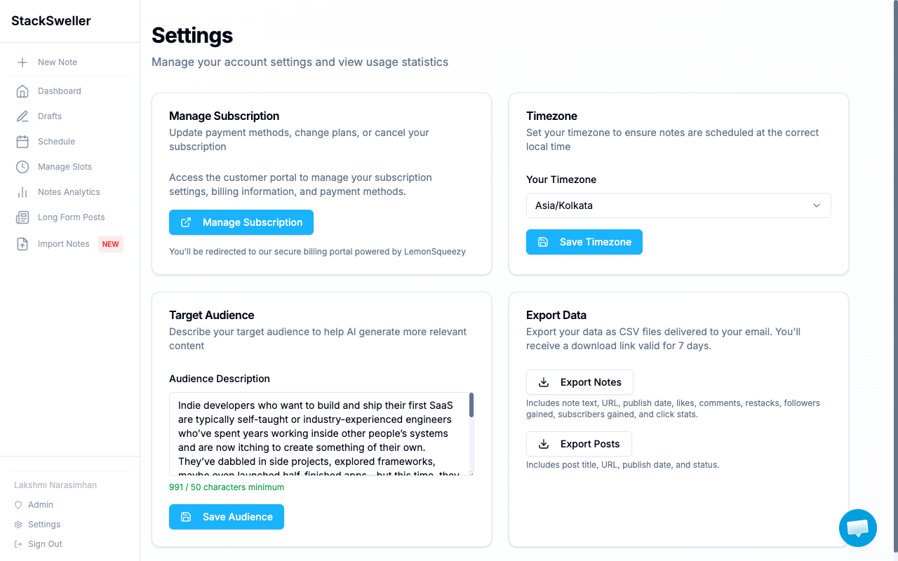 Settings page showing Export Data section